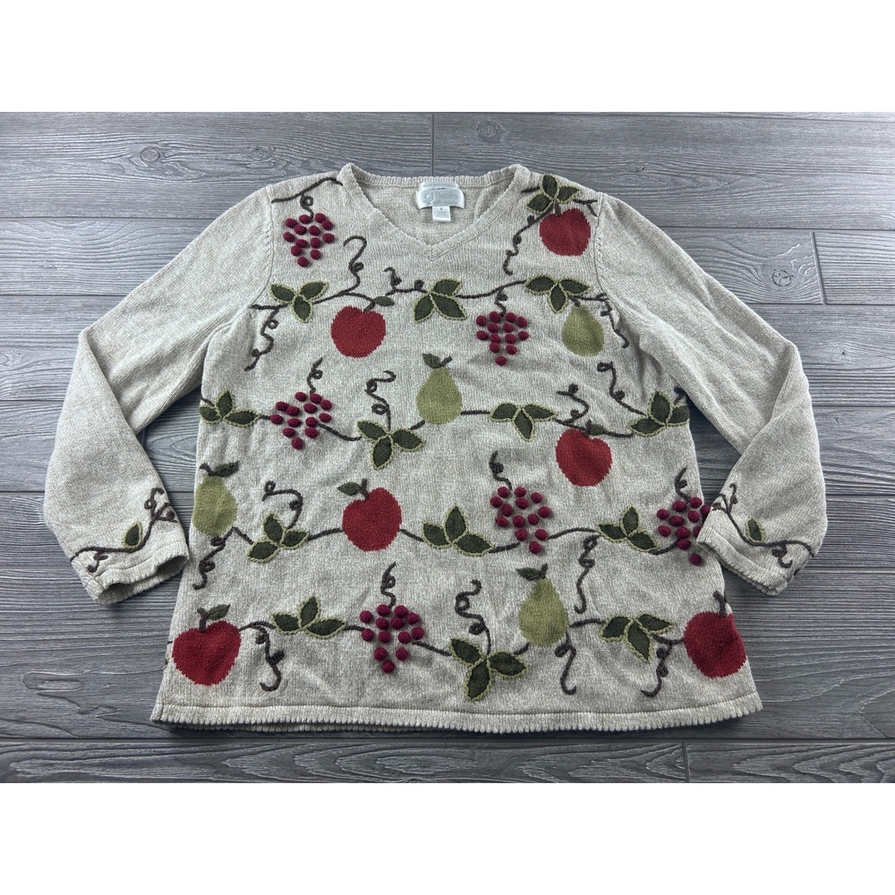 CJ Banks Womens X Beige Fruit Embroidered V-Neck Sweater Ramie Cotton 4267